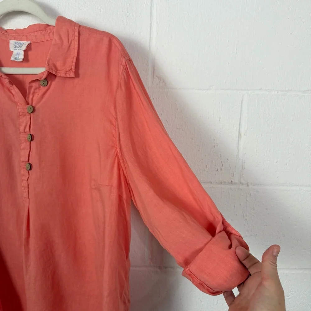 Sigrid Olsen Popover Tunic 100% Linen Roll Tab Sleeves‎ Beach Coastal Earthy 1X - Picture 2 of 15
